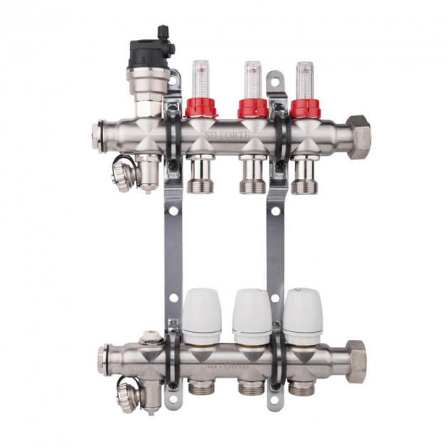 

Коллектор SD Forte термо с расход. 1"х 8" (кран сливн.-2, маевского-2) нерж. SFE0048