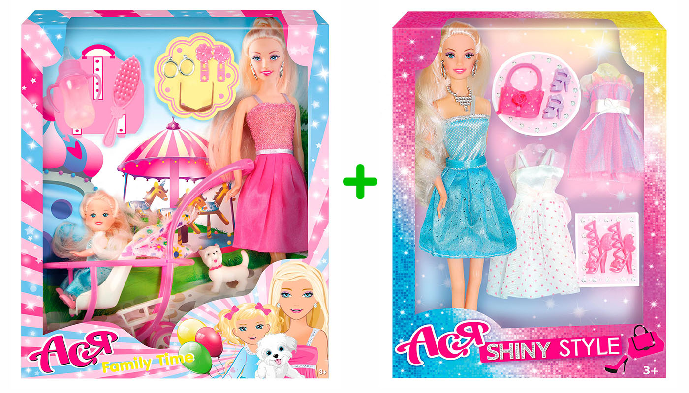 

Набор Кукла Ася блондинка с 3 нарядами ТМ Ася серия Модный гардероб и Кукла Ася с дочкой в коляске + собачка серия Семейная прогулка (35065-087)