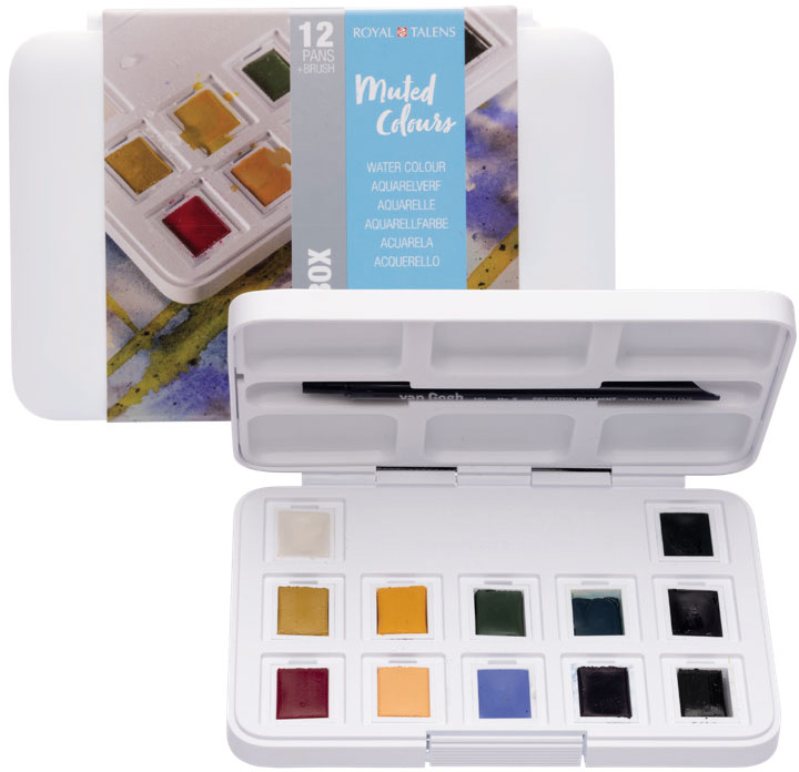 

Набор акварельных красок Royal Talens Van Gogh Pocket box Muted Colours 12 цветов в кюветах кисточка в комплекте (8712079422837)