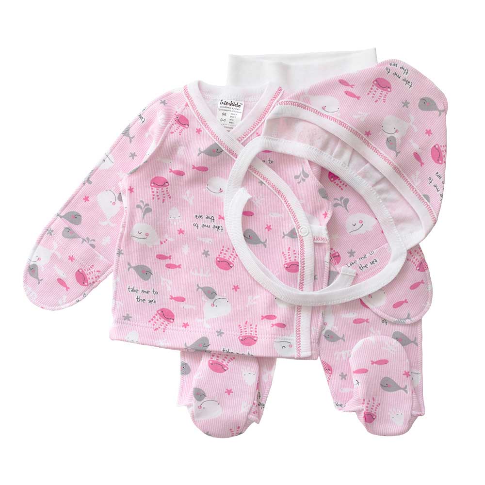 

Комплект (распашонка+ползунки+шапочка) Interkids Киты 62 см Розовый (2635)