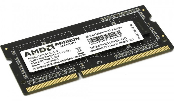 

Оперативная память AMD SODIMM DDR3L-1600 4096MB PC3-12800 R5 Entertainment Series (R534G1601S1SL-U)