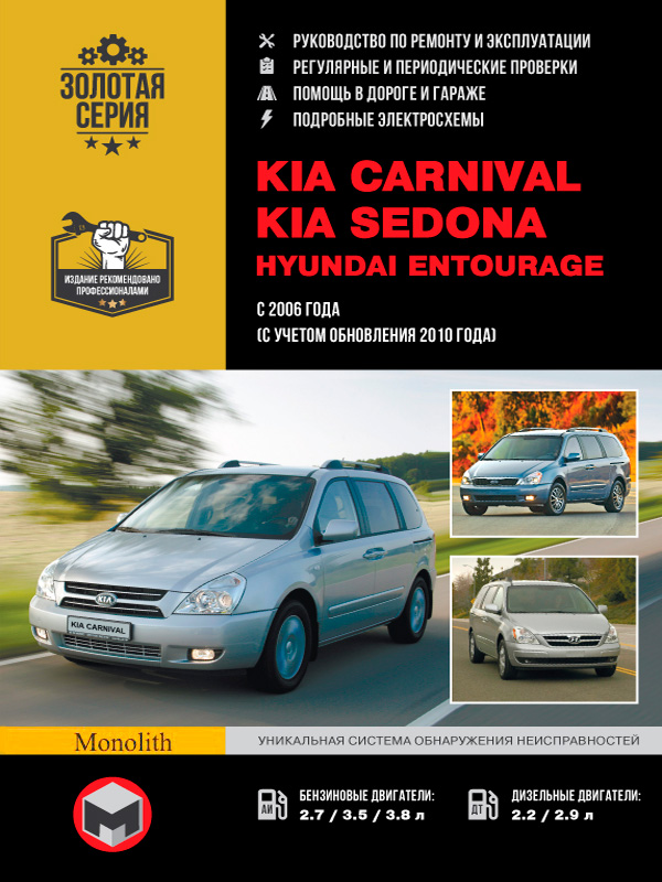 

Kia Carnival / Sedona / Hyundai Entourage (Киа Карнивал / Седона / Хундай Энтураж). Руководство по ремонту, инструкция по эксплуатации. Модели с 2006 года выпуска (+рестайлинг 2010г.) , оборудованные бензиновыми и дизельными двигателями