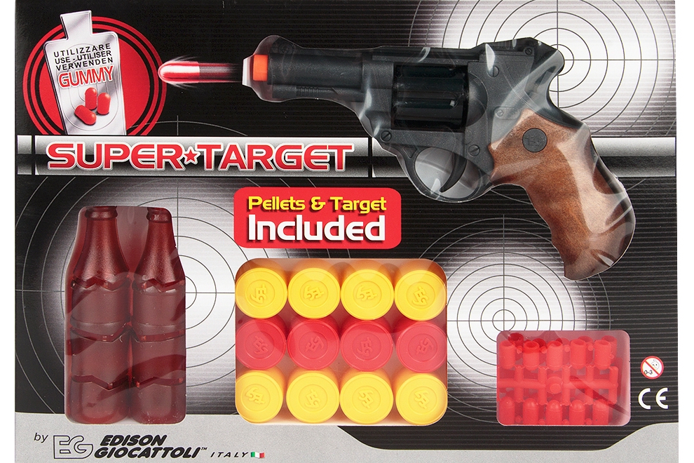 

Игрушечный пистолет на пульках Supertarget 19см 6-зарядный с мишенями (480/21) Edison Giocattoli 28х22х5 см Коричнево-Серый 000009200