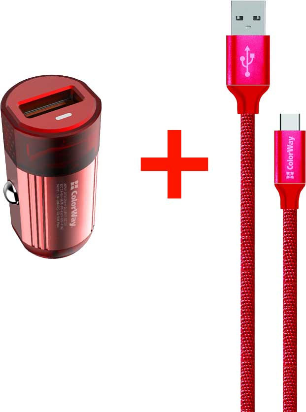 Акція на Автомобильное зарядное устройство ColorWay 1USB Quick Charge 3.0 (18W) Red + Кабель ColorWay USB Type-C 2.1А 1 м Red (CW-CHA012Q-RD-CBU) від Rozetka UA