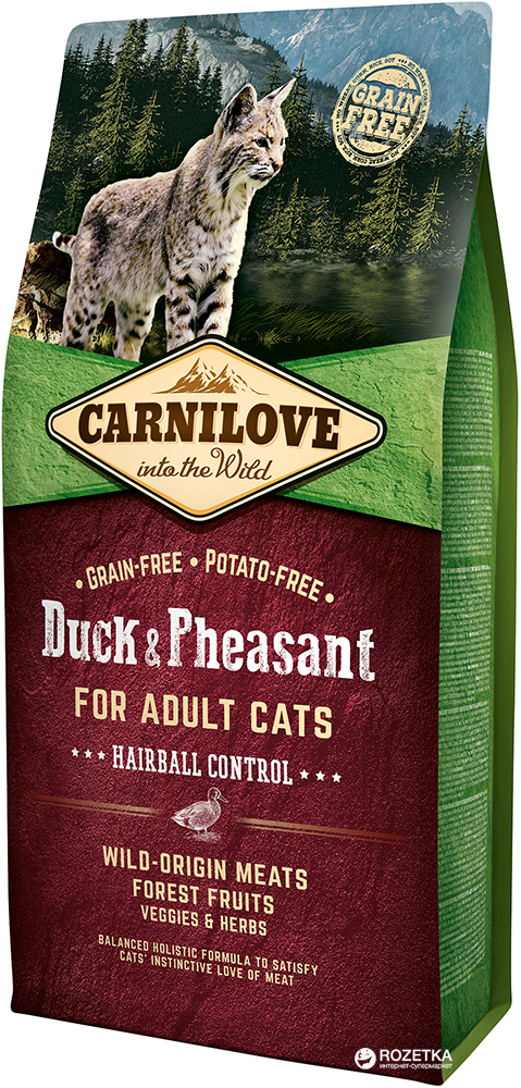 

Сухой корм для взрослых кошек Carnilove Cat Duck & Pheasant Hairball Control для выведения волосяных комков 6 кг