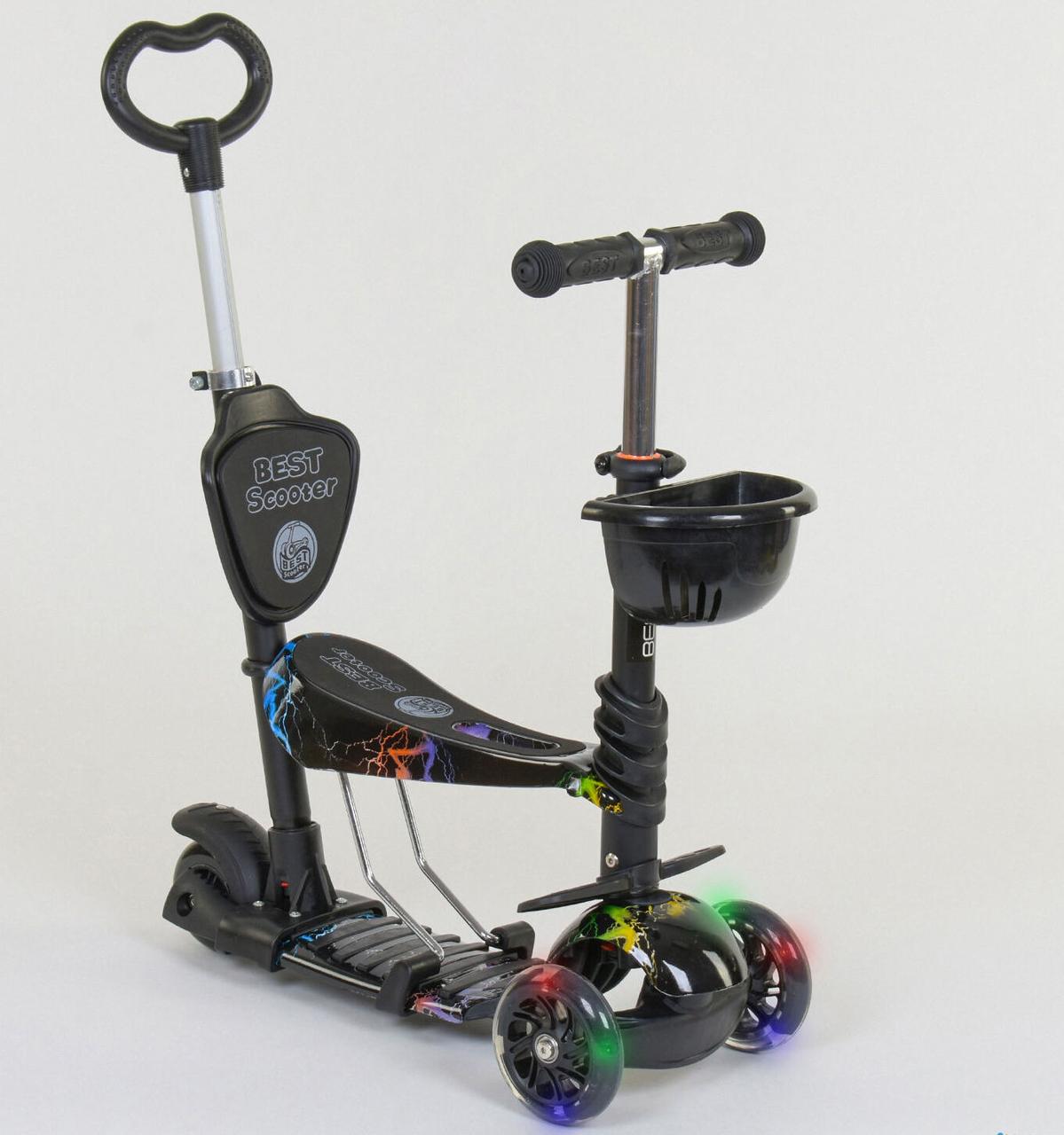 

Самокат Беговел с родительской ручкой и подножкой Best Scooter 5в1, руль 63-72 см, сиденье 27-32см, черный*
