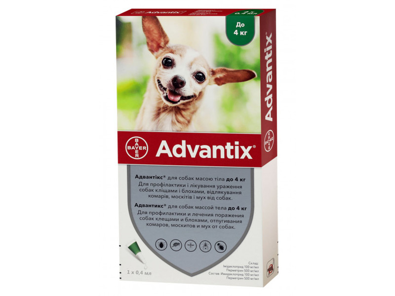 

Капли на холку от блох и клещей Bayer Advantix для собак весом до 4 кг 4 х 0,4 мл
