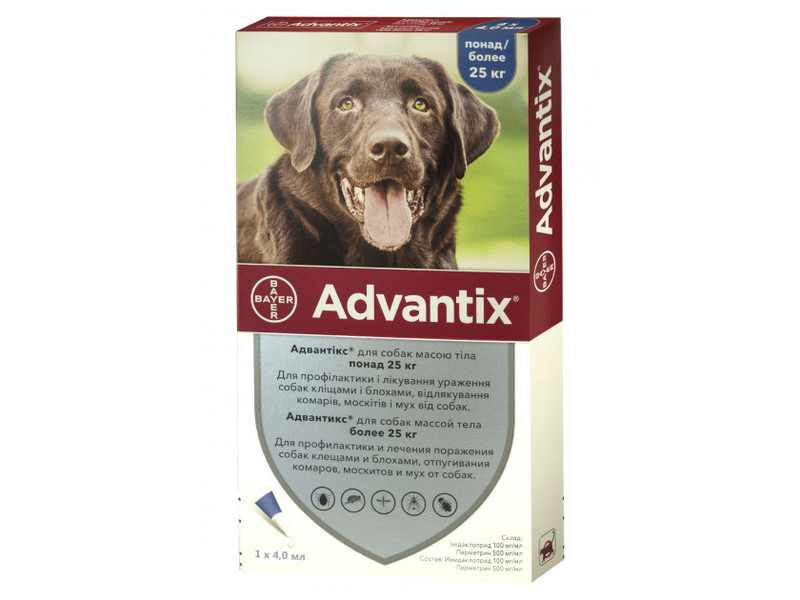 

Капли на холку от блох и клещей Bayer Advantix для собак весом от 25 кг 4 х 4 мл