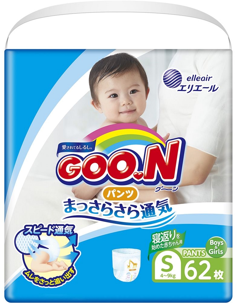 

Подгузники-трусики Goo.N S для активных детей 4 - 9 кг унисекс 62 шт (853625) (4902011850635)