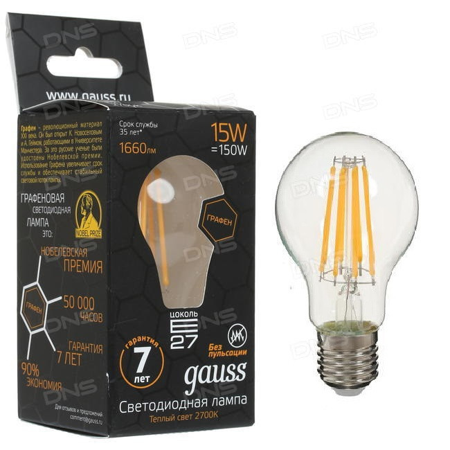 

Лампа Gauss LED Filament Graphene A60 E27 15W 1660lm 2700К, 102802115