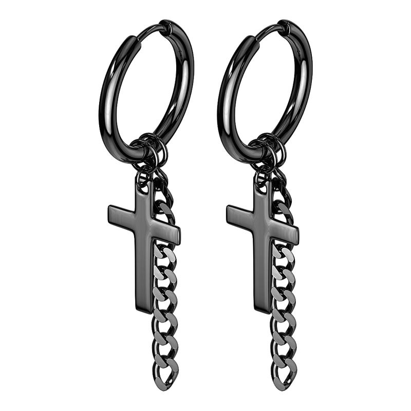 

Серьги подвески из стали Spikes Крест с цепочкой SE3552 8044 черный