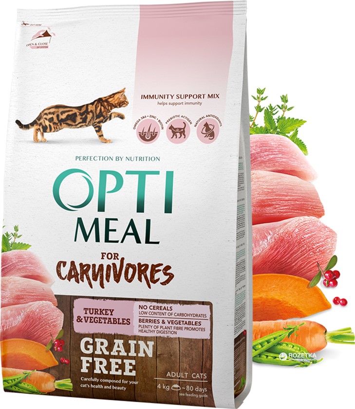 

Сухой беззерновой корм для взрослых кошек Optimeal с индюшкой и овощами 4 кг (4820083905841)