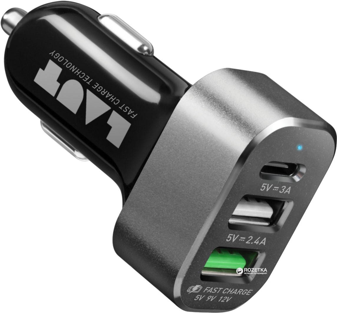 

Автомобильное зарядное устройство Laut с USB-C 5V (3A) + USB-A Quick Charge 2.0 technology + USB-A 12W (2.4A) портами черный с LED индикатором