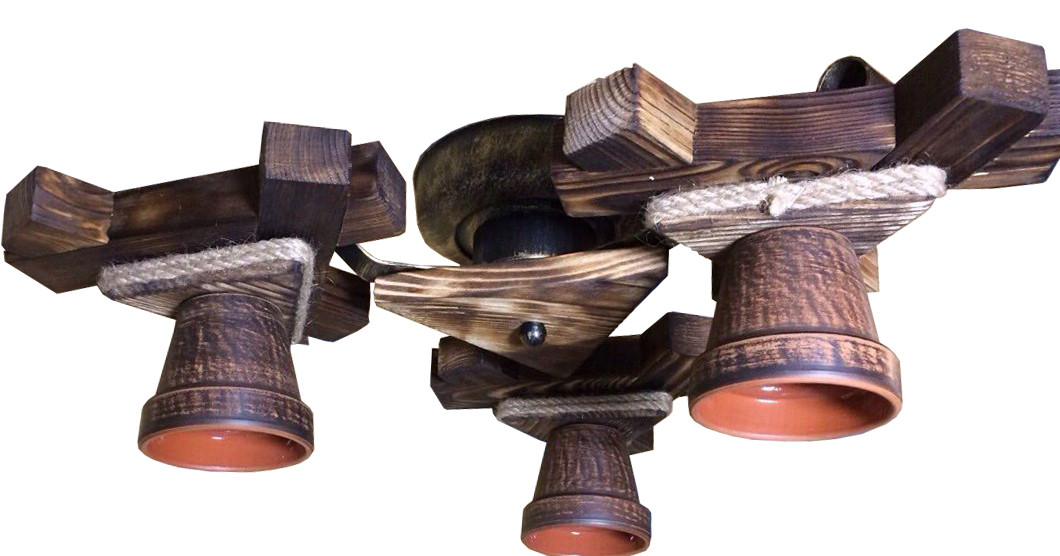 

Люстра потолочная из натурального дерева с горшком на 3 плафона 935513пот