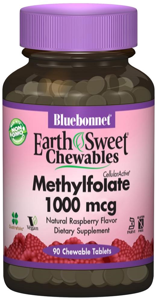 

Витамины Bluebonnet Nutrition Earth Sweet Chewables Метилфолат (B9)1000 мкг Малина 90 жевательных таблеток (743715004559)