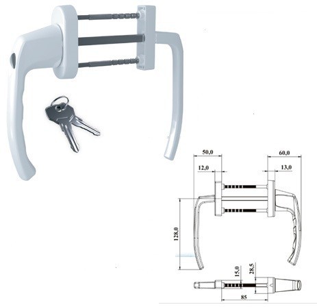 

Ручка дверная/балконная двухсторонняя с замком и кнопкой, белая 2/3