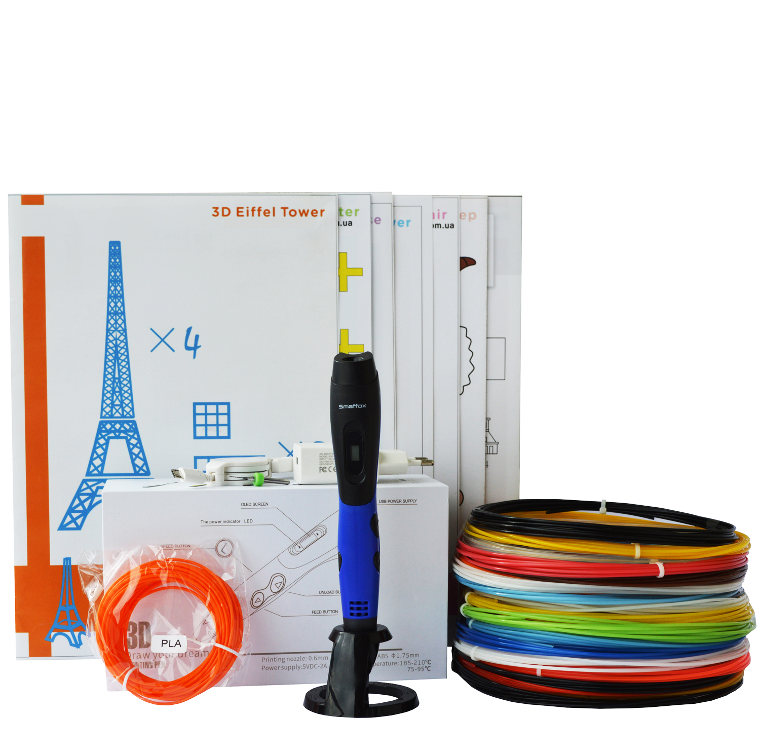 

3D-ручка Air Pen Smaffox PLAY Blue с Набором PLA Пластика 70 метров (14 цветов) и Набор трафаретов