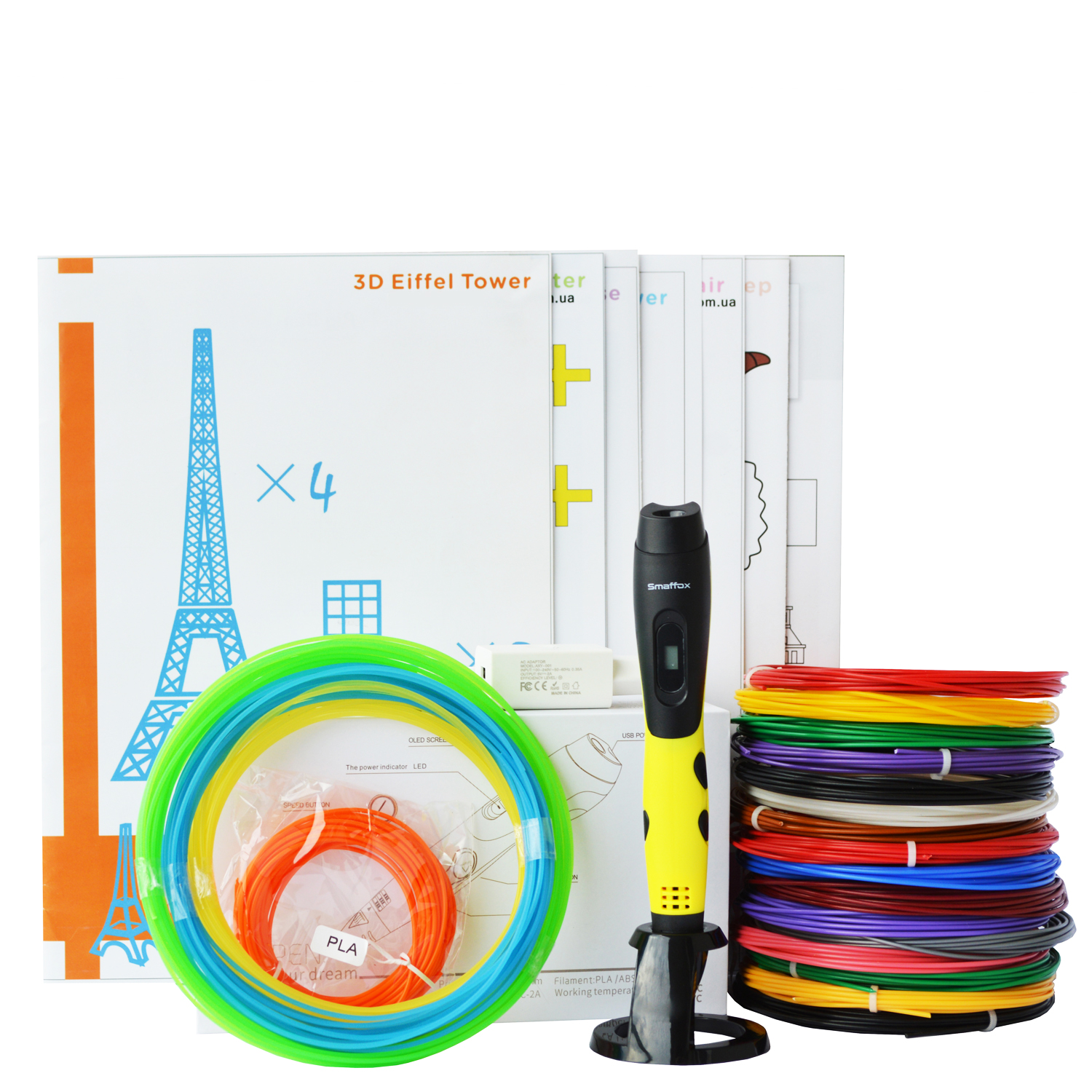 

3D-ручка Air Pen Smaffox PLAY Yellow с Набором ABS Пластика 240 метров (16 цветов), Светящийся PLA пластик 10 метров и Набор трафаретов