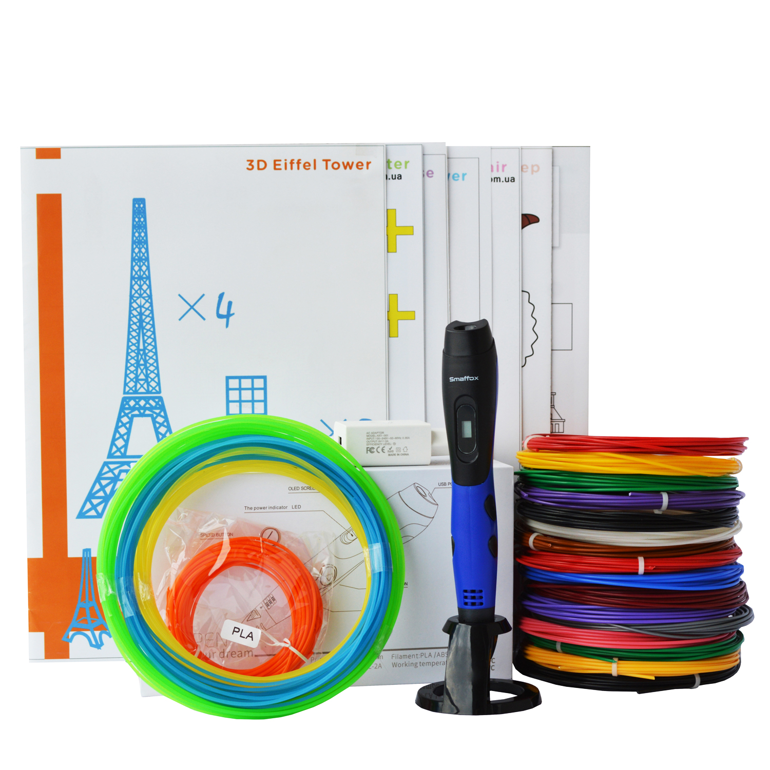 

3D-ручка Air Pen Smaffox PLAY Blue с Набором ABS Пластика 240 метров (16 цветов), Светящийся PLA пластик 10 метров и Набор трафаретов