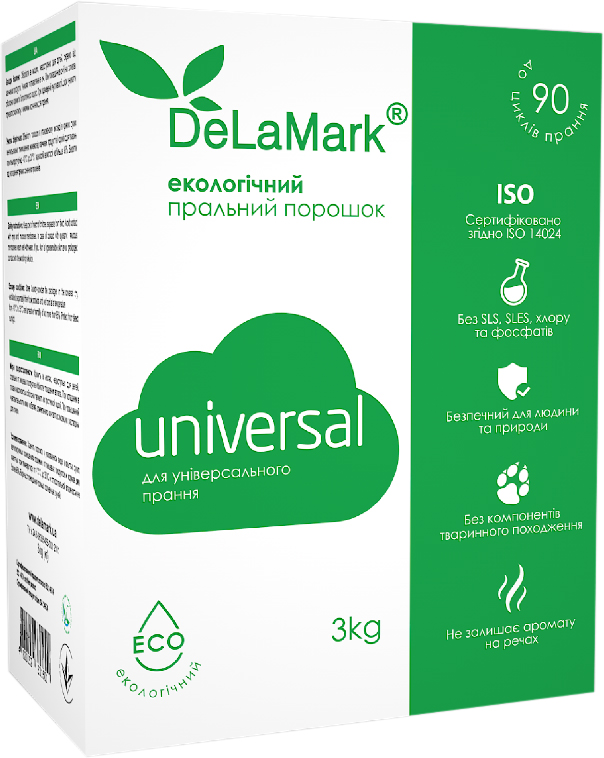 

Экологический концентрированный бесфосфатный стиральный порошок Delamark Universal 3 кг