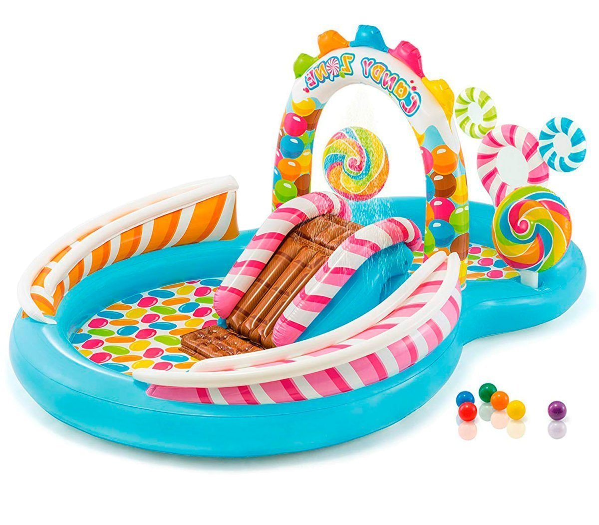 

Детский надувной игровой центр-бассейн Intex 57149 Сладости объем 206 л возраст 3+ с игрушками, фонтаном, горкой и 6 цветными шариками (259 х 191 х 130) цветной (in-57149)