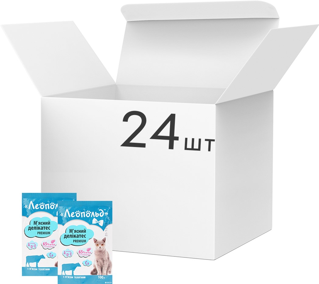 

Упаковка влажного корма для кошек Леопольд Мясные деликатесы с телятиной 24 шт по 100 г (4820185491488-24)