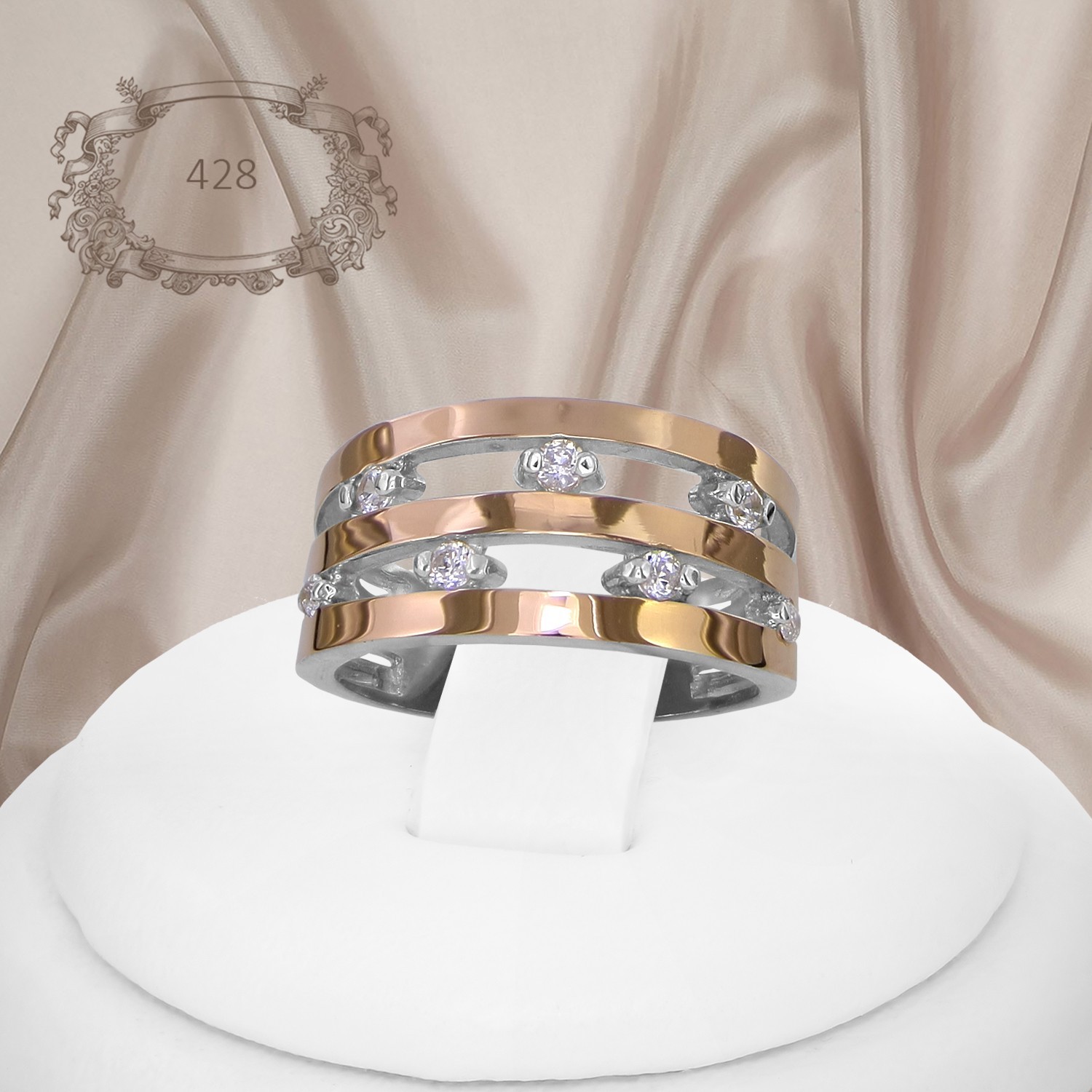 

Женское кольцо из серебра 925 пробы с золотыми пластинами 375 пробы и белыми фианитами "428" 16.5 размер