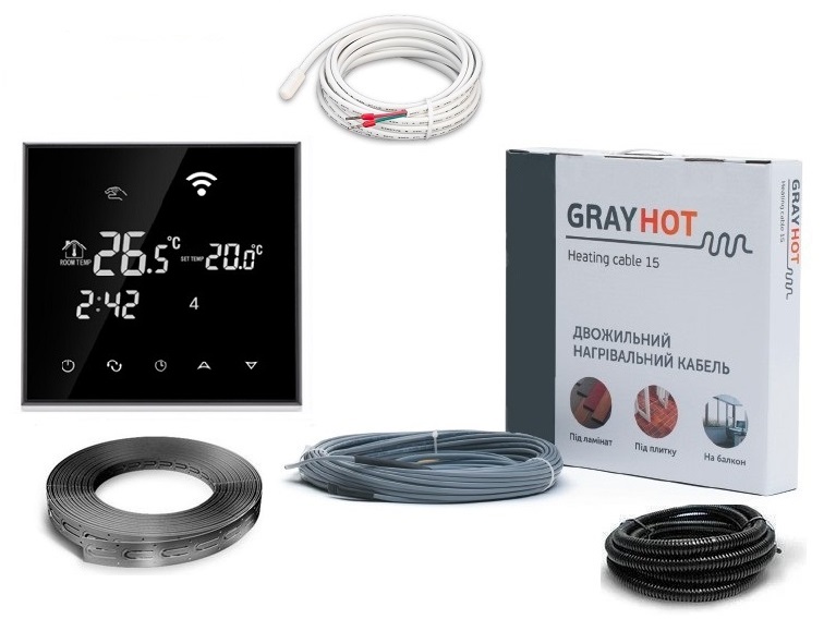 

Тепла підлога нагрівальний двожильний кабель Gray Hot Heating 128м. 1929Вт з програмованим сенсорним терморегулятором в комплекті (VIT55598)