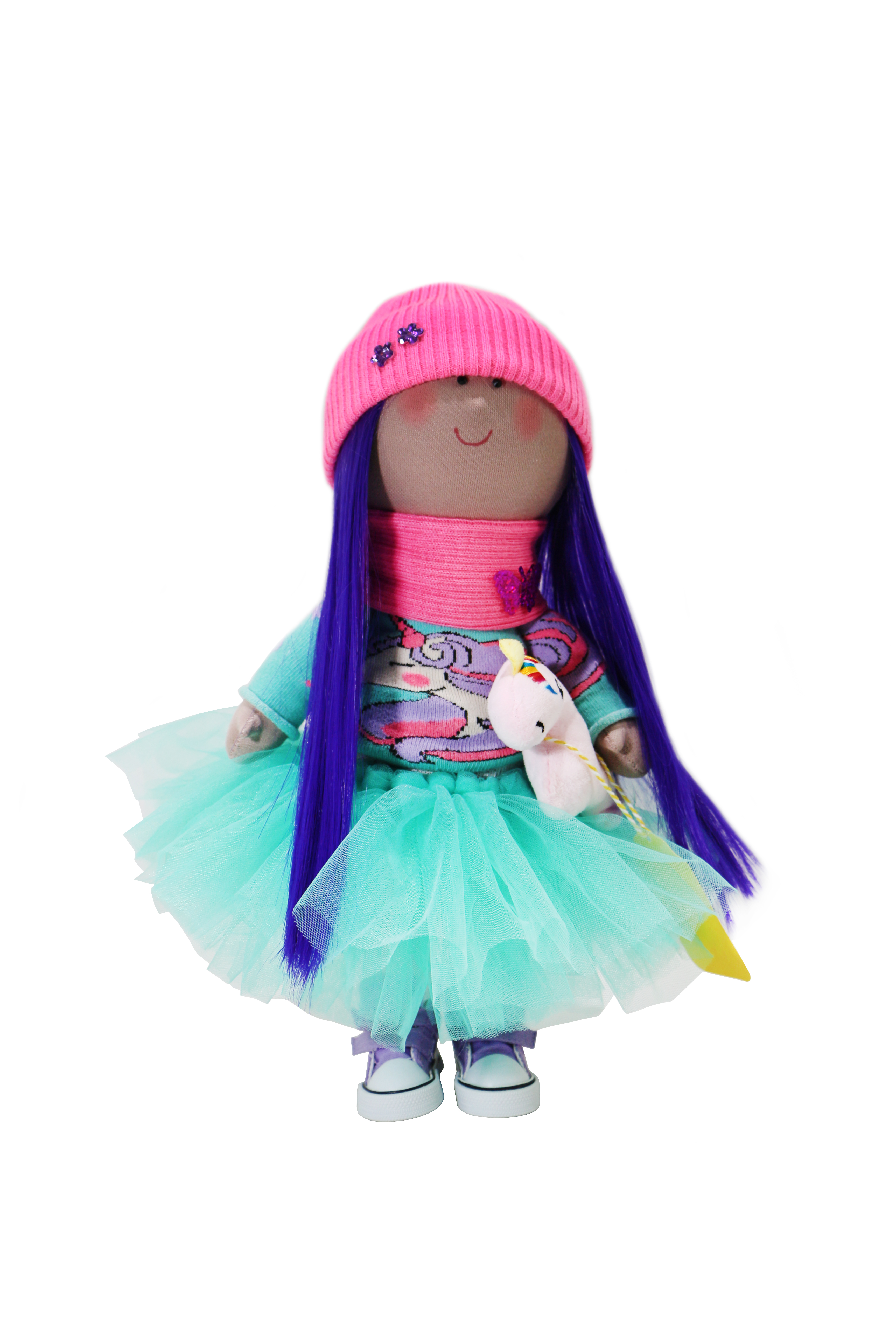 

Текстильная кукла ручной работы Девочка с единорожком Textile dolls бирюзовый-разноцветный PL-110011