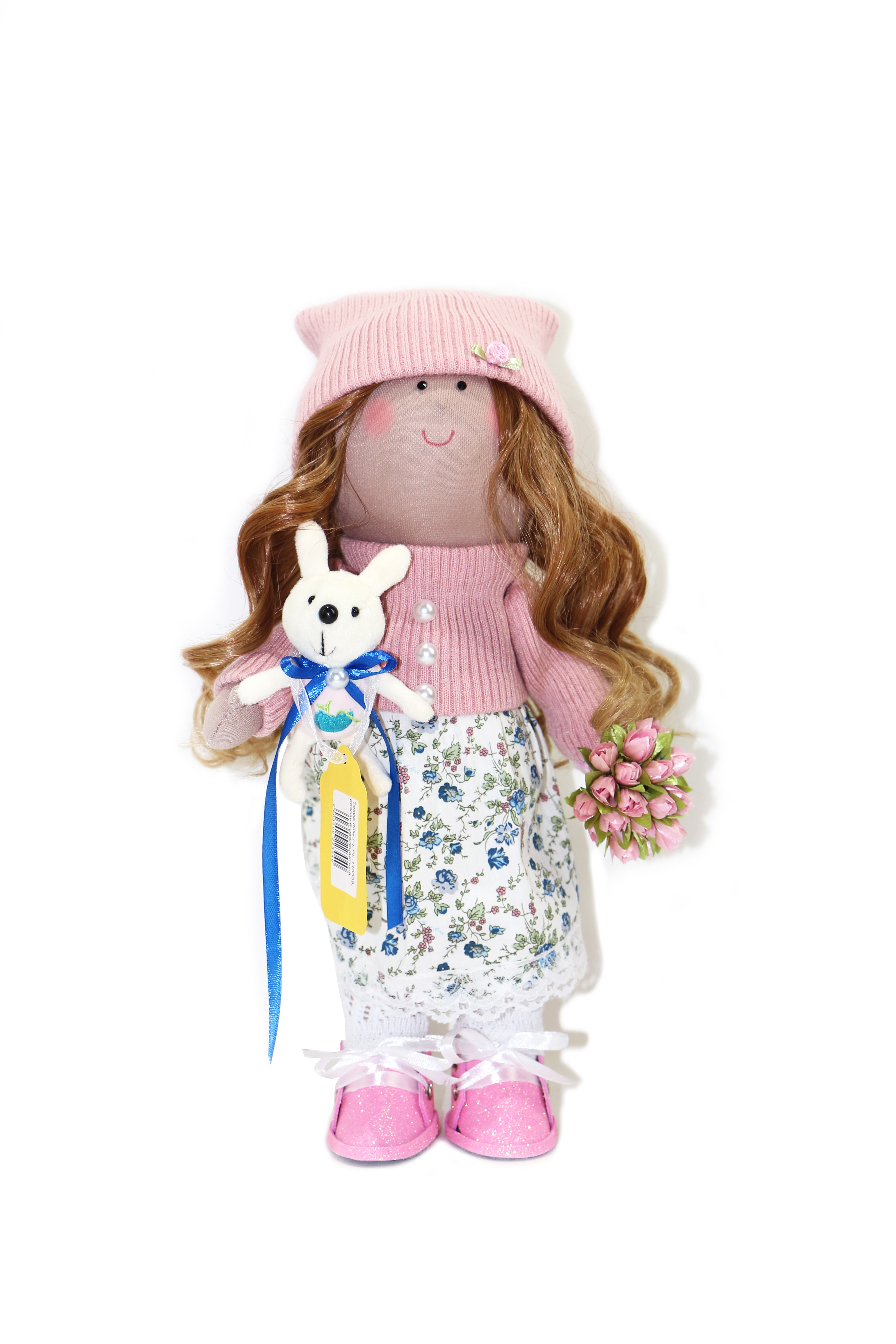 

Текстильная кукла ручной работы Вилена с букетом тюльпанов и зайчиком Textile dolls розовый-разноцветный PL-110009