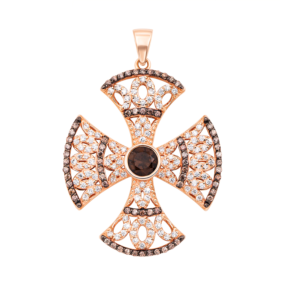 Подвеска из красного золота Мальтийский крест с раухтопазом и фианитами ...