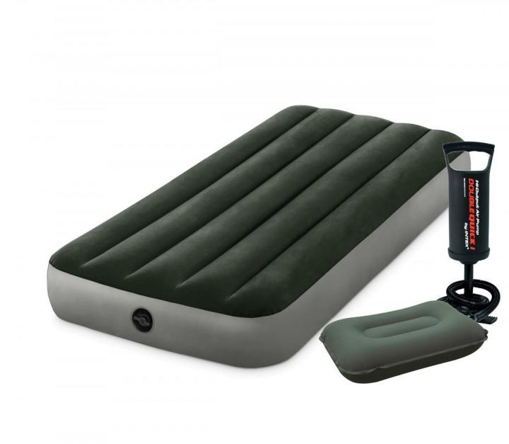 

New 2020! Надувной матрас Intex 64106-2 Pillow Rest Classic одноместный с ручным насосом и подушкой (76х191х25) зеленый