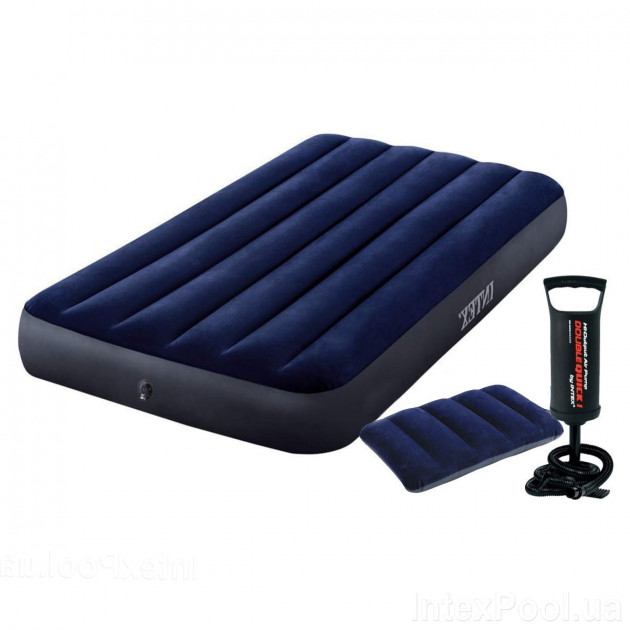

Одноместный надувной матрас Intex 64757-2 с подушкой и ручным насосом Classic Downy 99 x 191 x 25 см Синий