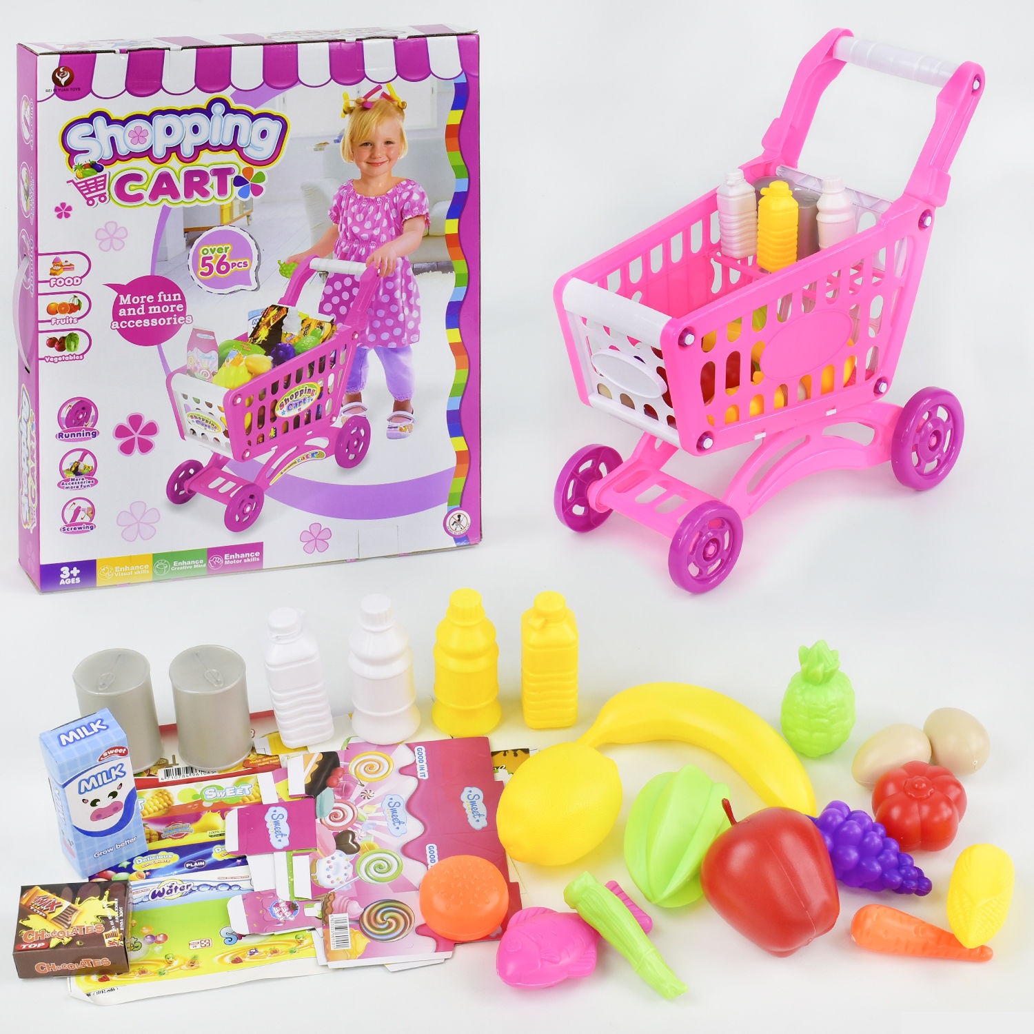 

Тележка детская Bei Di Yuan Toys 922-09 с вращающимися колесиками и продуктами 56 элементов Розовая