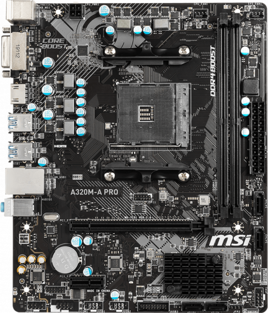 

Мат. плата MB MSI A320M-A PRO (A320/sAM4/2xDDR4 3200(OC)/1xPCIе x16/1xPCIе x1/4xSATA3/RAID 0,1,10/GLan/HDMI, DVI, 4xUSB3.2, 2xUSB2.0/Audio 7.1Ch/mATX)