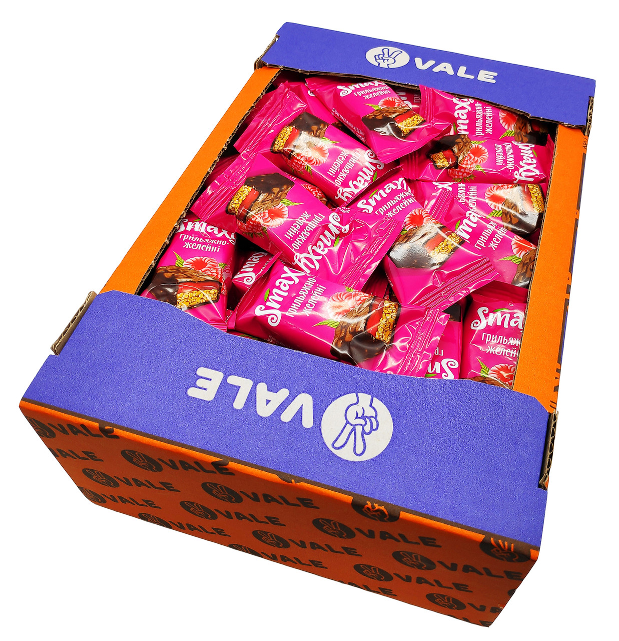 

Упаковка фруктовых мини-батончиков Vale Smaxy Грильяж и малиновое желе 2000 г