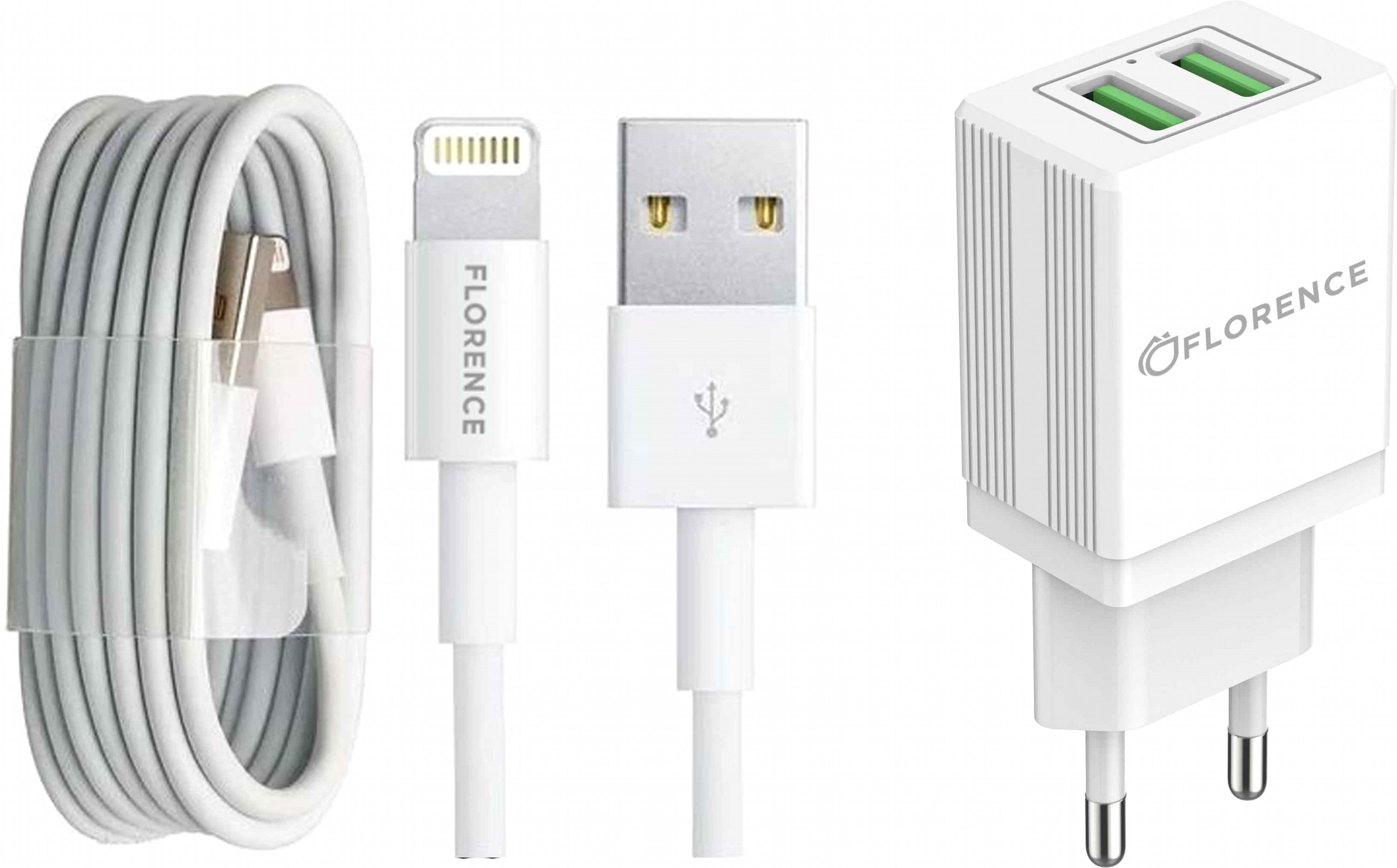 

Сетевое зарядное устройство Florence 2USB 2A + Lightning Cable White (FL-1021-WL)