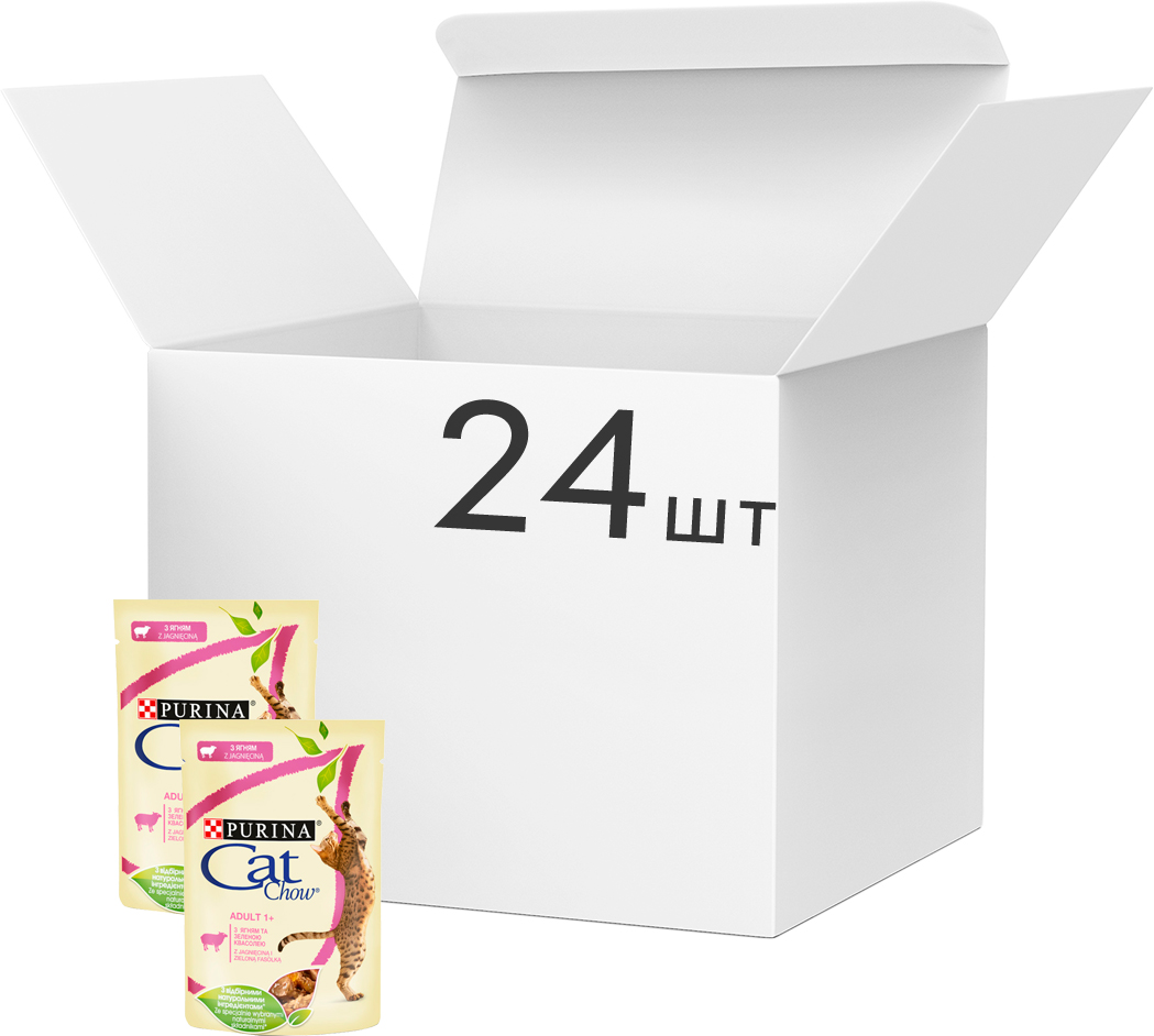 

Упаковка влажного корма для кошек Purina Cat Chow Adult с ягненком и зеленой фасолью 85 г x 24 шт (7613036595094/7613036595087)