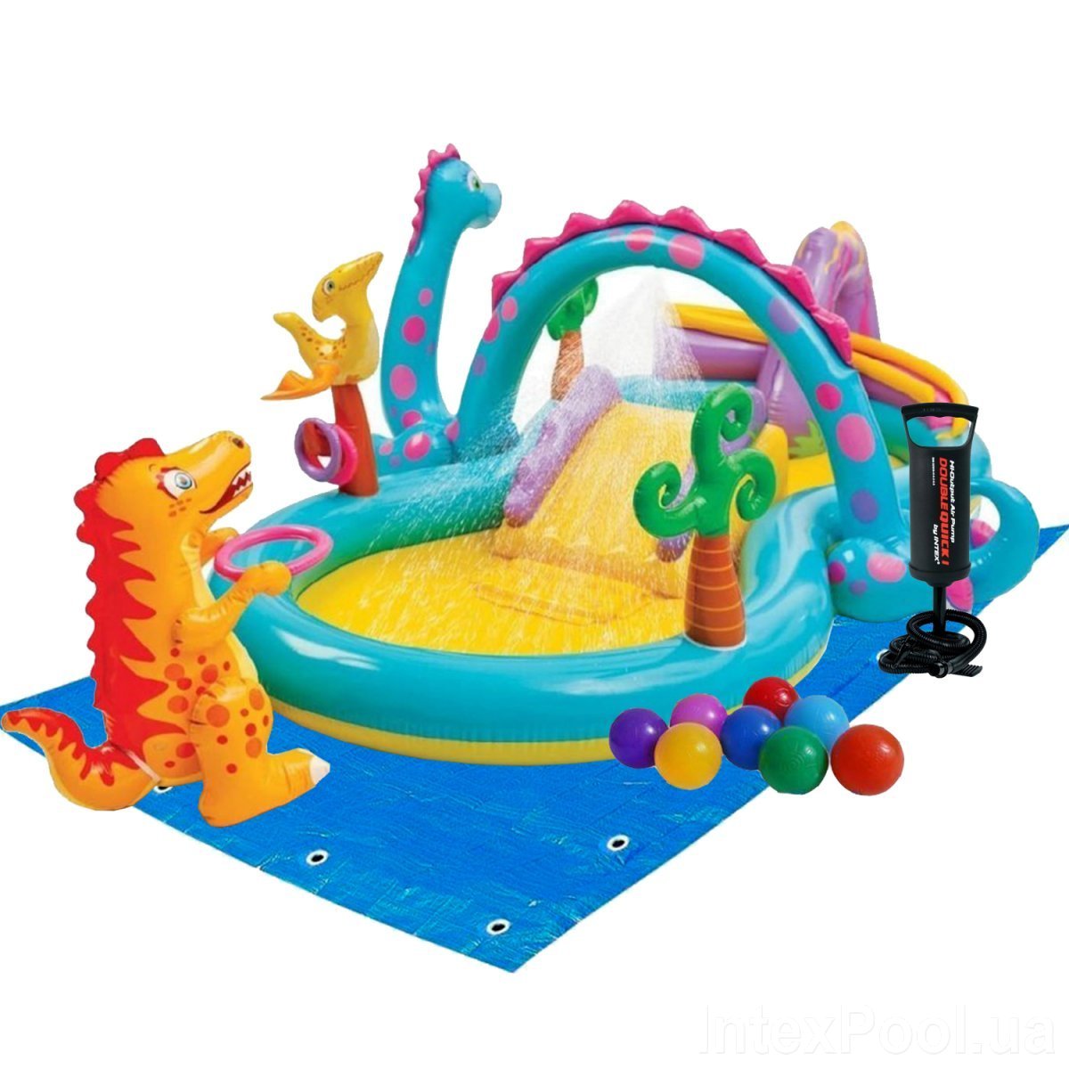 

Надувной развивающий игровой центр Intex «Планета динозавров» 333х229х112 см с фонтаном, надувным кольцом + подстилка, насос и 10 шариков (int-57135-2)