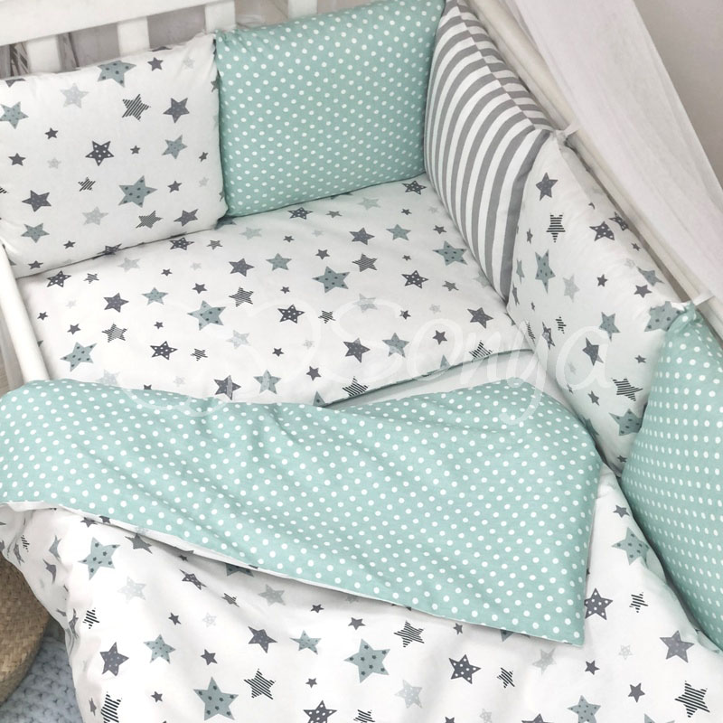 

Комплект постельного белья в кроватку Маленькая соня Baby Stars детский поплин стандарт/овал мятный арт.0320229