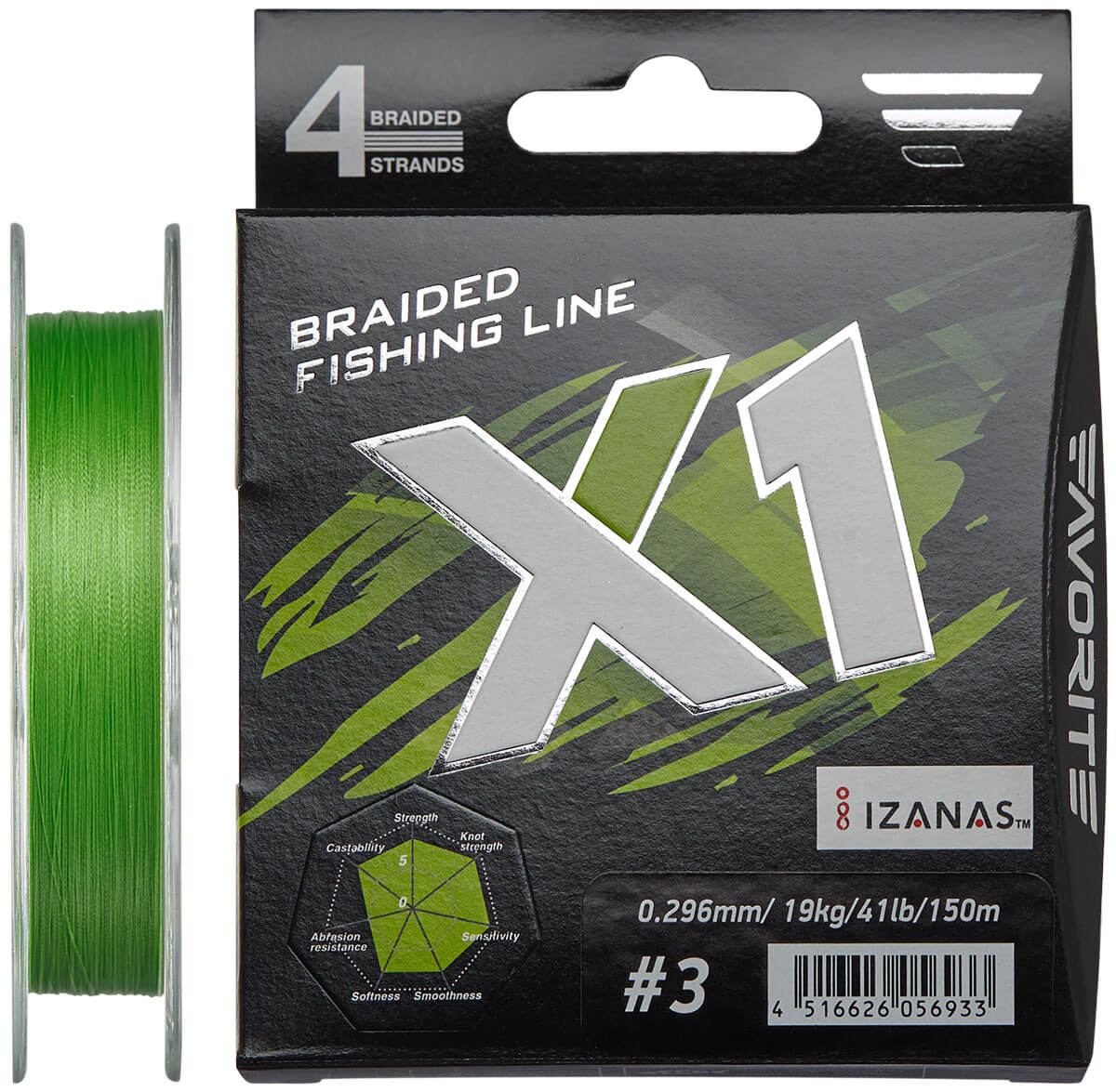 

Шнур Favorite X1 PE 4x 150m (l.green) #3.0/0.296mm 41lb/19.0kg (арт.123416931135)