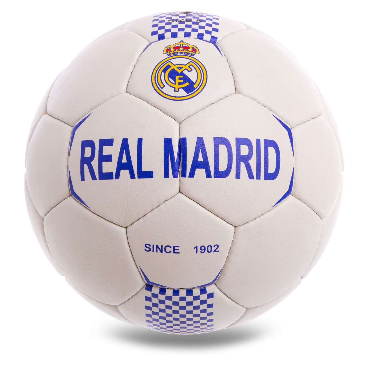 

Мяч футбольный 5 размера РЕАЛ МАДРИД REAL MADRID сшитый вручную белый (СПО FB-0586)