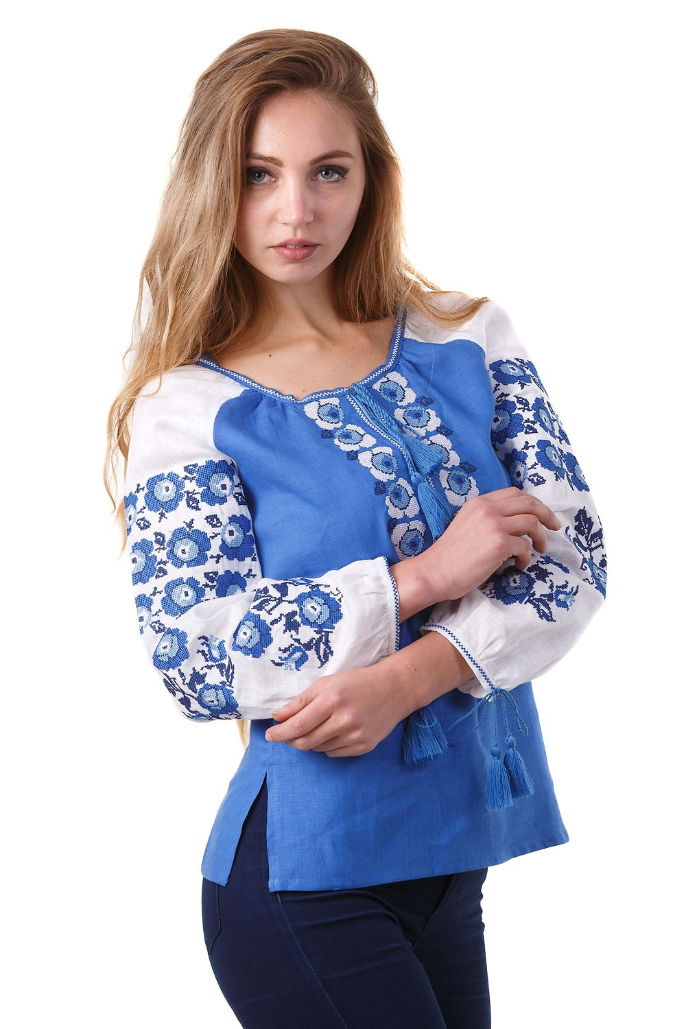 

Вишита жіноча дизайнерська блуза синя з білими квітами 46 UKR-5142 UkrGlamour