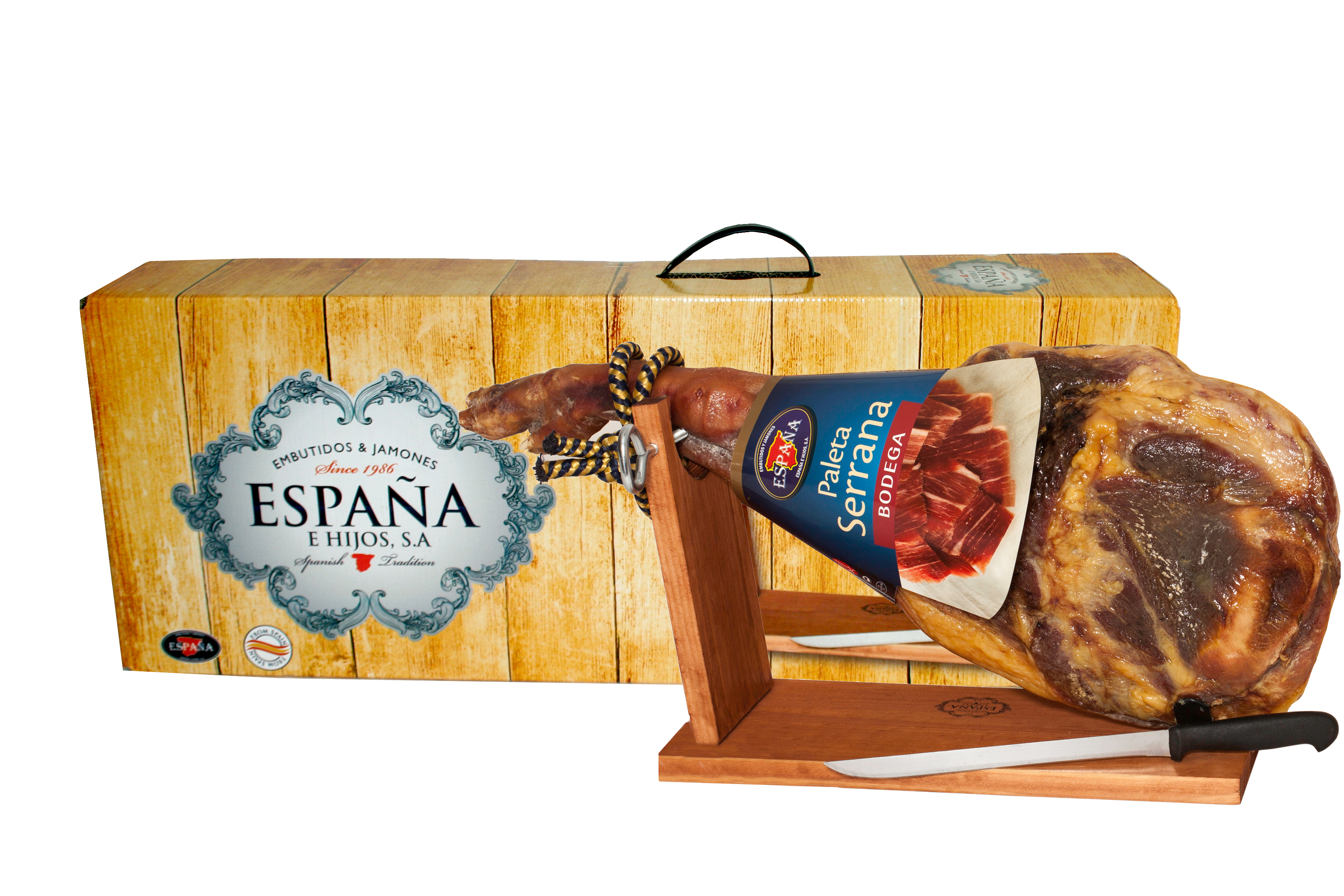 Акция на Хамон Espana Палета Бодега на кости в подарочной упаковке + хамонера + нож, 8 месяцев выдержки 4.5 кг (8428204007007_8428204005089) от Rozetka UA