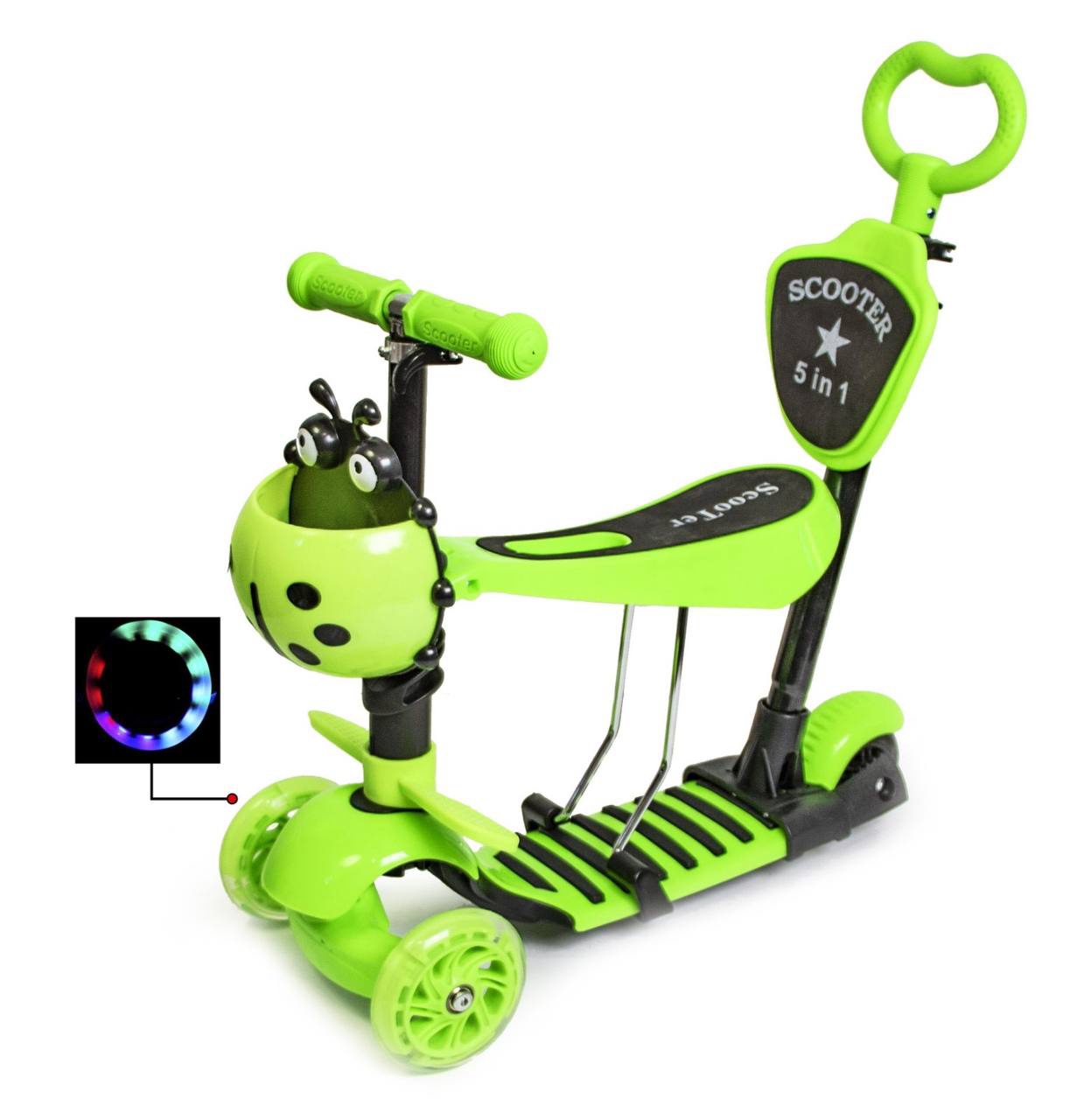 

Самокат детский Scooter 5 in 1 Божья Коровка светящиеся колеса Трехколесный с родительской ручкой зеленый