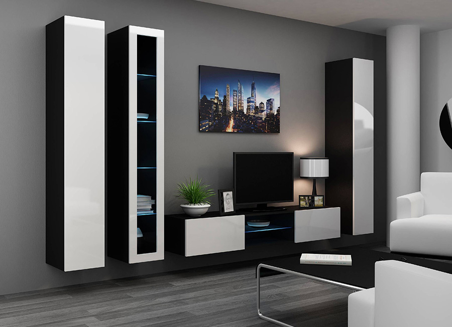 

Гостиная стенка комплект из ламинированной ДСП и стекла Vigo 17 Черный/Белый Сama Польша без подсветки