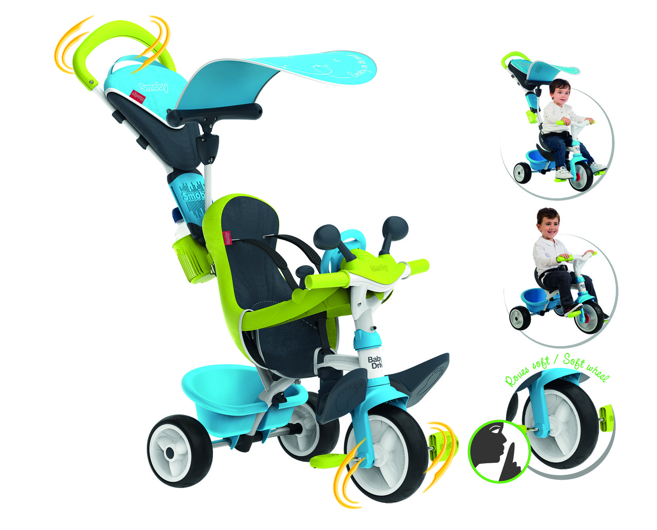 

Велосипед детский Smoby Toys Беби Драйвер металлический с козырьком и багажником зелено-голубой (741200)