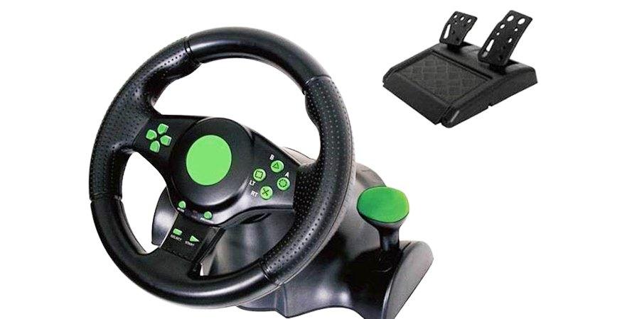 

Игровой руль с педалями 3 в 1 Vibration Steering Wheel для PS3/PS2/PC, black/green