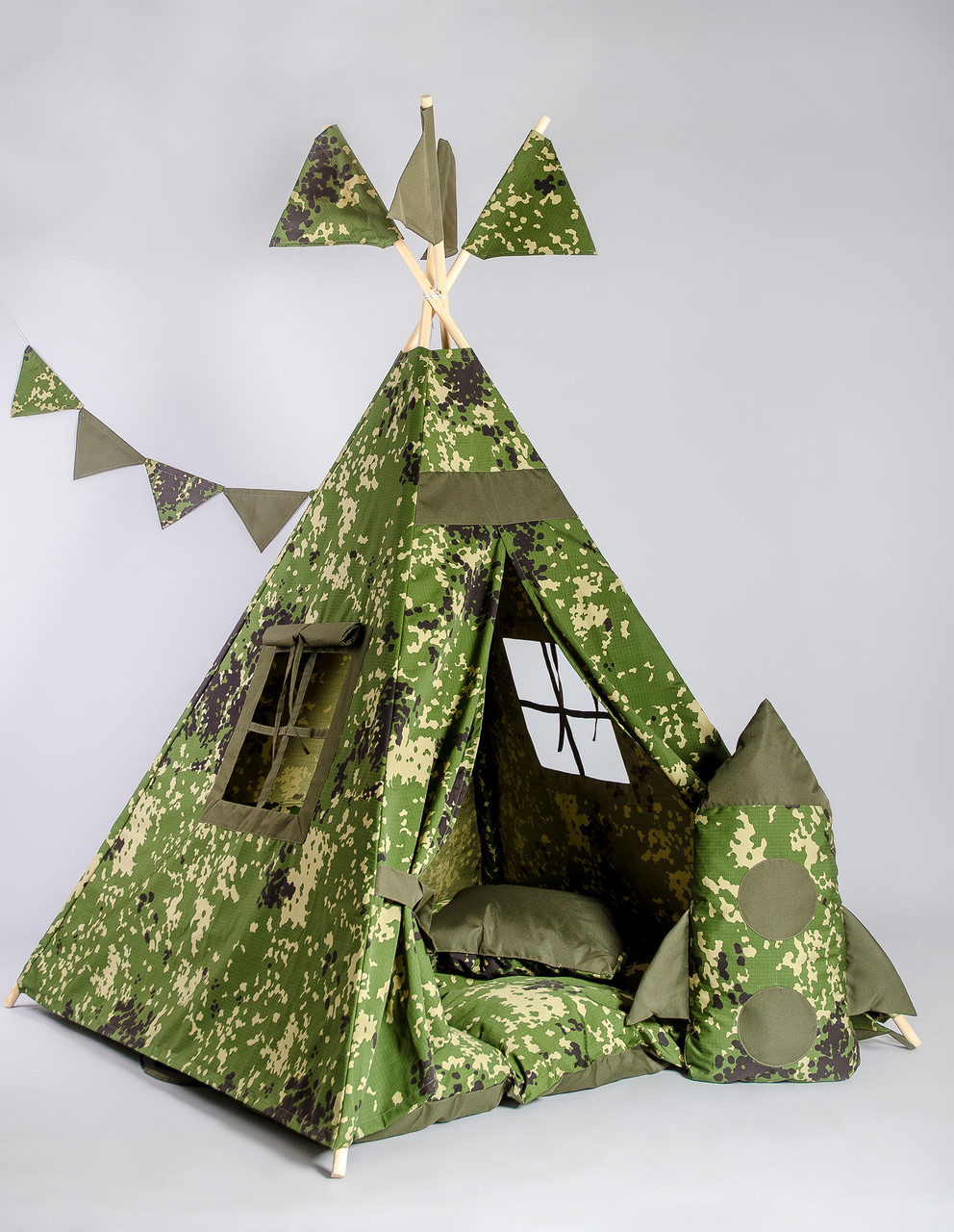 

Детская палатка - вигвам «Военный» от 3 лет (Зеленый) 100% коттон матрасик + 2 подушки