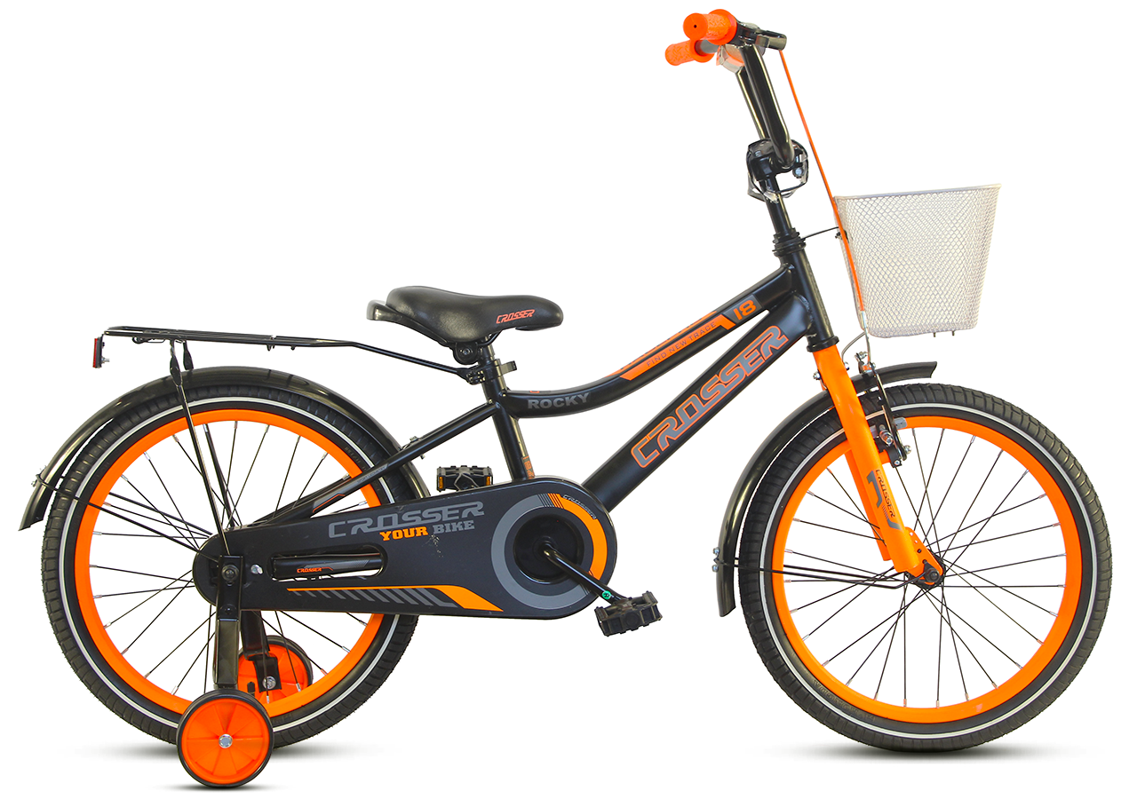 

Детский велосипед CROSSER ROCKY 18" с корзиной, багажником и боковыми колесами, Черно-оранжевый